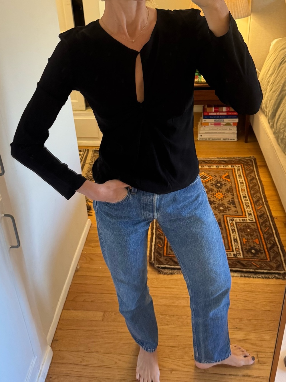 Vintage Black Long-Sleeve Twist Keyhole Blouse